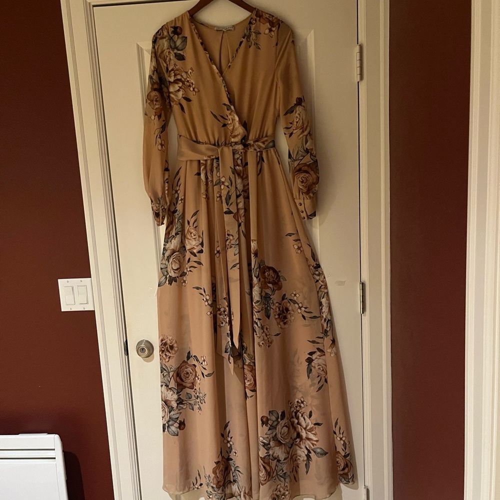 Baltic Born Long Sleeve Floral Wrap Maxi Dress in Beige and Brown